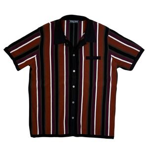 PJ Paul Jones Men's XL Knit Button Up Shirt Black Maroon Striped Retro Mod